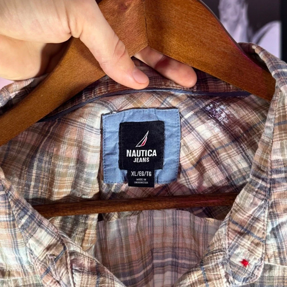 Nautica Jeans Women's Plaid Long Sleeve‎ Button Down Shirt XL Beige Blue